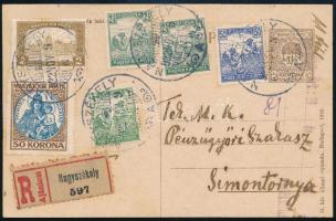 1922 Ajánlott díjjegyes levelezőlap 6 bélyeges kiegészítéssel Nagyszékelyről Simontornyára küldve