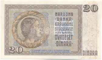 Jugoszlávia 1936. 20D nyomdahibás, egyik oldalon halovány nyomat T:AU  Yugoslavia 1936. 20 Dinara one side with faint print printing error C:AU Krause P#30