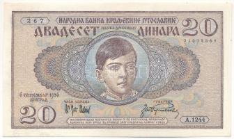 Jugoszlávia 1936. 20D nyomdahibás, egyik oldalon halovány nyomat T:AU 
Yugoslavia 1936. 20 Dinara o...