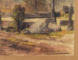 Szecessziós, plasztikus fém ornamentikával díszített üvegezett fakeret, A. Heilmann jelzésű, foltos ...