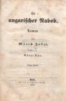 Jókai, [Mór] Moritz: Ein ungarischer Nabob. Deutsch von Adolf Dux. Erster Band. [Első kötet.] Pest, 1856. Verlag von Gustav Emich (Buchdruckerei von Emich Gustav). V + [3] + 191 + [1] p. Első német kiadás. Jókai Mór klasszikus regénye először 1853-ban jelent meg, első német fordítását Dux Adolf, pozsonyi műfordító készítette el, néhány évvel a regényeredeti után, négy kötetben. Az utolsó ív levelein középen apró javítás, az első kötéstáblán és az első előzéken katalóguscímke, illetve tulajdonosi bejegyzés, a címlap verzóján gyűjteményi bélyegzés. Könyvtári duplum. Aranyozott gerincű korabeli félbőr kötésben, mintás festésű lapszélekkel. Jó példány, ritka.