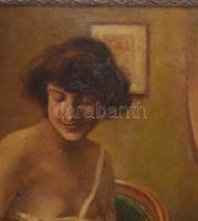 Jelzés nélkül, XX. sz. eleje: Harisnyát felhúzó, lergén öltözött hölgy. Olaj, karton. Korabeli, szec...