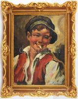 Jelzés nélkül, XX. sz. eleje: Cigarettázó fiú portréja. Olaj, vászon. Dekoratív fakeretben. 40,5x30 cm