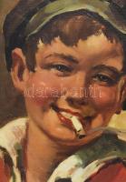 Jelzés nélkül, XX. sz. eleje: Cigarettázó fiú portréja. Olaj, vászon. Dekoratív fakeretben. 40,5x30 ...