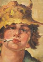 Jelzés nélkül, XX. sz. eleje: Cigarettázó fiú arcképe. Olaj, vászon. Dekoratív fakeretben. 40x30 cm
