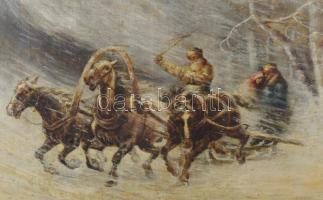 S Kischkin (?) jelzéssel: Lovasszán a hóviharban. Olaj, vászon. Dekoratív fakeretben. 70x101 cm. KIZ...