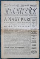 Ellenzék. A Magyar Függetlenségi Párt hetilapja. Főszerkesztő: Pfeiffer Zoltán. I. évfolyam, 4-9. szám. 1947. szeptember 20. - október 25. (6 db). Budapest, 1947. (Független-ny.) Minden lapszám 8 p. Folio. A kékcédulás választások évének (1947) alapvető dokumentuma. A Magyar Függetlenségi Párt 1947 augusztusában alakult, miután az FKGP-ből kivált Pfeiffer Zoltán és köre. A párt nyíltan konzervatív nézeteket vallott, a nemzeti demokrácia híveként az 1945-ös állapotokat is elutasította. Rövid fennállása és a példátlan mértékű csalások ellenére a még csupán három hete alapított párt az 1947. augusztusi választáson 670 000 szavazatot gyűjtött és 49 mandátumhoz jutott a 411 tagú parlamentben. Nézetrendszere és váratlan sikere, valamint amiatt, hogy az MFP csalásra hivatkozva petícióban támadta meg a választási eredményeket, a kommunisták azonnal fasisztának bélyegezték, Pfeiffer ellen pedig (lapszámaink idején) feljelentést tettek összeesküvés gyanújával. Az ügyben az ÁVO nyomozást indított, személyesen akkori elnöke, Péter Gábor vezetésével. Pfeiffert egyelőre védte mentelmi joga, de a vád a ,,nyomozás során összegyűlt adatok alapján Pfeiffer mentelmi jogának elvételét kérte. A várható letartóztatás és bebörtönzés (kivégzés) elől Pfeiffer november 4-én külföldre menekült. A kommunista nyomás alatt álló választási szerv, az Országos Nemzeti Bizottság 1947. november 20-i határozatában Pfeiffert hazaárulónak és demokrácia-ellenesnek nevezte, pártja 1947-es választási eredményeit megsemmisítette, illetve javaslatot tett az MFP betiltására. A rövid életű folyóiratnak összesen 10 száma jelent meg. Számonként félbehajtva, a 4-6. lapszám első levele a hátoldalon ragasztott, a hajtás mentén kissé sérült. Nagyon ritka.