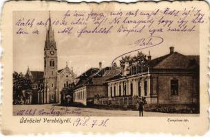 1918 Verebély, Vráble; Templom tér / square, church + ARANYOSMARÓT - ÉRSEKÚJVÁR 200 A vasúti mozgóposta bélyegző (fl)