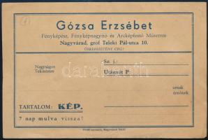 cca 1940-1944 Gózsa Erzsébet Fényképész, Fényképnagyító és Arcképfestő Műterem, Nagyvárad, gróf Teleki Pál u. 10., "Őskeresztény cég!", reklámlap, 17x11,5 cm