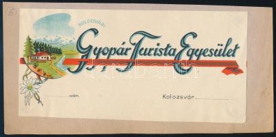 cca 1940 Kolozsvári Gyopár Turista Egyesület színes, illusztrált fejléce (számláról kivágva), papírlapra ragasztva, 20x10 cm