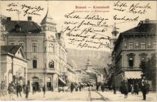 1913 Brassó, Kronstadt, Brasov; Kolostor utca, üzletek, magyar címer / Klostergasse / street, shops