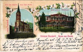 1903 Buziásfürdő, Baile Buzias; Római katolikus templom, Bazár szálloda. Herrling Károly kiadása / church, hotel. Art Nouveau, floral (r)