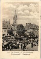 1917 Nagyszeben, Hermannstadt, Sibiu; Kis piac, gyümölcsvásár, Hugo Connerth üzlete. Jos. Drotleff Nr. 18. 1917. / Kleiner Ring, Obstmarkt / fruit market, shop