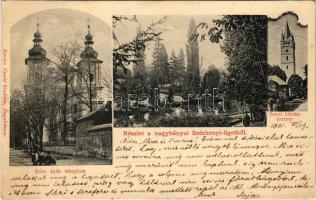 1902 Nagybánya, Baia Mare; Széchenyi liget, Római katolikus templom, Szent István torony. Kovács Gyula kiadása / park, church, tower. Art Nouveau