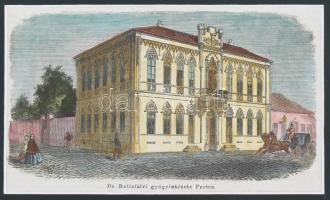 cca 1860 Dr. Batizfalvi gyógyintézete Pesten. KIrály és Rózsa utca sarkán színezett fametszet paszpartuban, 18x11 cm