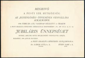 1930 A Pesti Izraelita Hitközség által az Egyenlőség újság 50 éves fennállása alkalmával rendezett ünnepség nyomtatott meghívója, szép állapotban, 16,5×23,5 cm
