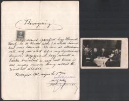 cca 1910-41 Bp., össz. 4 db okmány és 1 db fotólap: Hoffmann Ferencz képkereskedés és képkeretgyár; Surán György; Singer Jenő kötött-, szövöttáru nagykereskedő; Deutsch Károly-örökösei, bizonyítvány házmester részére; Szondy söröző, Britannia szálló belső társasággal, hátoldalán autográf aláírásokkal, feltehetően Grossmann cukrászda tulajdonosai