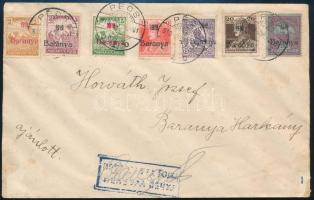Baranya I. 1919 Ajánlott cenzúrázott levél 7 db bélyeggel Pécsről Harkányba, Bodor vizsgálójellel. A Turul 50f antikva számokkal!