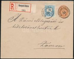 1892 5kr díjjegyes boríték színes számú 10kr díjkiegészítéssel ajánlott levélként HUNYAD-DOBRA - ZÁM