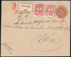 1893 5kr díjjegyes boríték 2 x elfogazott 5kr díjkiegészítéssel GURASZÁDA - ZÁM