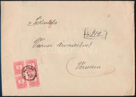 ~1883 Ajánlott levél 4 x 5kr bérmentesítéssel, szükség ragjeggyel TEMESVÁR - Versecz