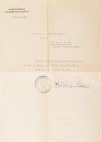 1947 Bp., Hazahozatali Kormánybiztosság által kiadott irat vagyonörzői igazolás megtagadásáról, Millok Sándor (1887-1959) államtitkár, kormánybiztos, Budapesti Székesfővárosi Közlekedési Rt. (BESZKÁRT) elnöke autográf aláírásával, fél géppel írt oldal, fejléces papíron