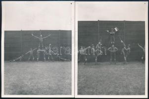 cca 1938 Cserkészcsapat tornagyakorlatai egyenruhában, 2 db fotó, szép állapotban, 12×9 cm