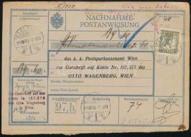 1919 Utánvételi postautalvány: osztrák nyomtatvány magyar Zita 40f bélyeggel és túlélő bélyegzéssel KARLOVAC - Bécsbe