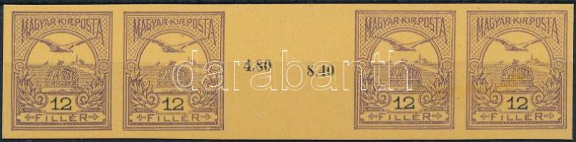 1913 Turul 12f fogazatlan ívközéprészes négyescsík karton papíron. Különleges darab!! / Gutter stripe of 4 on cardboard paper.