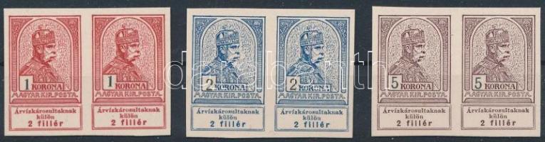 1913 Árvíz sor 3 záró értéke vízjel nélküli fogazatlan párokban, karton papíron. / Imperforate pairs on cardboard paper.