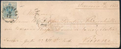 1852 9kr HP III lemezhibás bélyeg lilliputi vágással Szarvason írt levélen OROSHÁZA - Wien