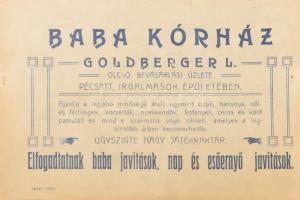 cca 1910 Pécs, Baba kórház, Goldberger L., ruhaüzlet és játékbolt, baba javító műhely egyoldalas szecessziós reklámkártyája