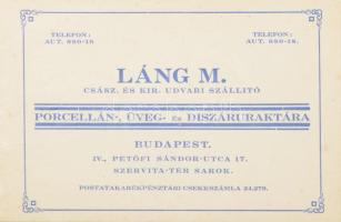 cca 1920-30 Láng M. porcellán-, üveg- és díszáruraktára, Bp., Petőfi Sándor u. 17 (Szervita tér sarok), egyoldalas reklámkártyája