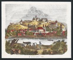 cca 1860 Felvidék, A trencséni vár színezett fametszet, paszpartuban 15x13 cm