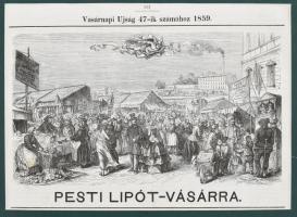 1859 Pesti Lipót vásár fametszet, paszpartuban 25x15 cm