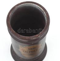 Antik fából készült gyógyszeres patikai tárolóedény fedéllel, festett "Sem: Lupuli" felira...