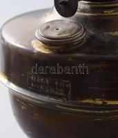 Antik petróleumlámpa, réz, üveg, magyar, kopással, m: 40 cm