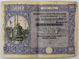 Budapest 1925. Rimamurány-Salgó-Tarjáni Vasmű Részvény-Társaság 10db részvénye egyben, egyenként 50P-ről, szárazpecséttel, bélyegzésekkel, szelvényekkel T:F