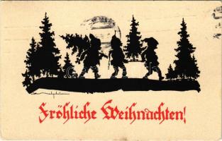 1932 Fröhliche Weihnachten! / Karácsonyi sziluettes üdvözlet, törpék / Christmas silhouette greeting, dwarves (EK)