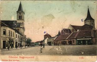 1906 Nagyenyed, Aiud; Fő tér, gyógyszertár, Baruch Bence üzlete. Földes Ede kiadása / main square, pharmacy, shops (Rb)