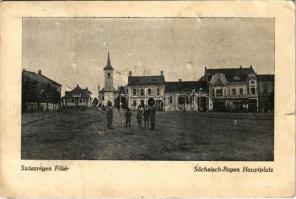 1940 Szászrégen, Reghin; Fő tér, bevonulás / entry of the Hungarian troops, main square + &quot;1940 Szászrégen visszatért&quot; So. Stpl. (szakadás / tear)