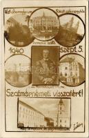 1940 Szatmárnémeti, Satu Mare; Római katolikus főgimnázium, székesegyház, Pannonia szálloda, Református templom és főgimnázium, Horthy Miklós kormányzó, "Szatmárnémeti visszatért!" / Catholic grammar school, cathedral, hotel, Calvinist church and grammar school, Regent Horthy. Foto Kósa photo + "1940 Szatmárnémeti visszatért" So. Stpl