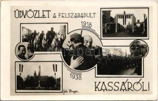 1918-1938 Kassa, Kosice; Üdvözlet a felszabadult városból! bevonulási képek. Foto Singer / entry of the Hungarian troops. photo + &quot;1938 Kassa visszatért&quot; So. Stpl