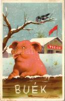 BUÉK, TSZCS (termelőszövetkezeti csoport), szocialista újévi propaganda lap. Képzőművészeti Alap / Hungarian socialist propaganda New Year card s: Németh (fa)