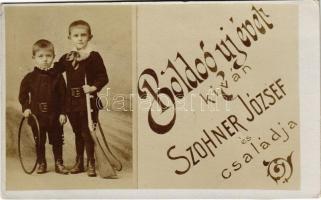 1899 (Vorläufer) Boldog Újévet kíván Szohner József és családja / New Year greeting, boy with rifle. photo (vágott / cut)