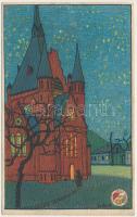 1914 Magyar Iskola Egyesület levelezőlapja, kiadja a Magyar Földrajzi Intézet rt. / Hungarian art postcard at night, litho s: Cseke B. (fa)