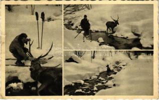 1941 Volóc, Volovec, Volovets; Sí- és vadászterepek a Borzsovai-havasokon, síelő szarvassal, téli sport. Hangya szövetkezet kiadása. Foto Manduk / ski and hunting fields, winter sport, skier with deer (kis szakadás / small tear)