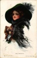 1912 Well Protected / Lady art postcard with dog. Reinthal &amp; Newman No. 180. s: Harrison Fisher (fa)