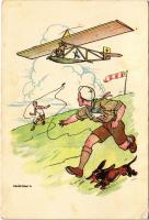 Cserkész művészlap vitorlázó repülőgéppel. Magyar Cserkészszövetség kiadása. Klösz Gy. és Fia / Hungarian boy scout art postcard, glider s: Márton L. (fl)