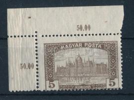 1919 Magyar Posta 5K ívsarki bélyeg elfogazva, kimaradt foglyukkal, keretbe tolódott értékszámmal!